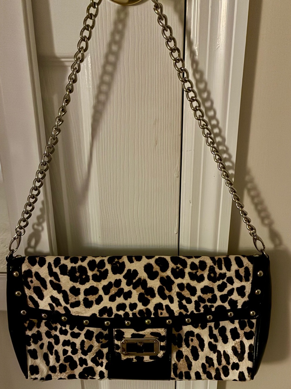 Leopard Print Faux Haircalf Chain Shoulder Bag - Black & Cream